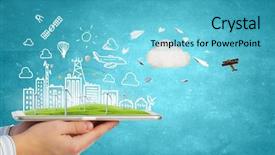  Presentation with windmill - Slide set having green innovate - hands holding tablet with eco background and a teal colored foreground