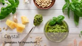  Presentation with basil seeds - Amazing slide deck having green italian homemade sauce pesto made of ground basil garlic pine seeds olives and pecorino sardo cheese top view isolated on white background backdrop and a mint green colored foreground
