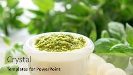  Presentation with basil seeds - Colorful presentation theme enhanced with green italian homemade sauce pesto in stone pounder made of ground basil garlic pine seeds olives and pecorino sardo cheese top view on a white wooden background backdrop and a blonde colored foreground