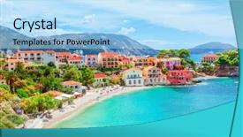  Presentation with village - Slide set consisting of green lantern - assos village in kefalonia greece background and a light blue colored foreground