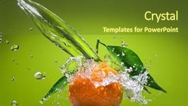  Presentation with water rain drop hanging on a fresh green leaf - Colorful presentation enhanced with green leaves and water splash backdrop and a tawny brown colored foreground