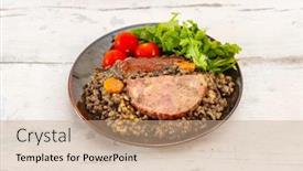  Presentation with lentils - Beautiful PPT theme featuring green-lentils-with-smoked-pork backdrop and a coral colored foreground