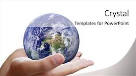  Presentation with hand holding earth - Cool new PPT theme with green map - holding a glowing earth globe backdrop and a white colored foreground
