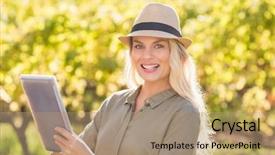  Presentation with tablet - Colorful slide set enhanced with green marketing - portrait of a smiling blonde backdrop and a coral colored foreground