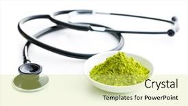  Presentation with matcha green tea - Presentation theme consisting of green matcha tea powder in bowl and stethoscope isolated on white background background and a yellow colored foreground