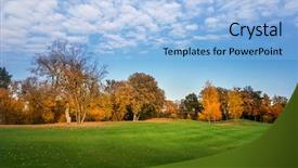  Presentation with green trees in park - Cool new presentation design with green meadow in autumn park backdrop and a light blue colored foreground