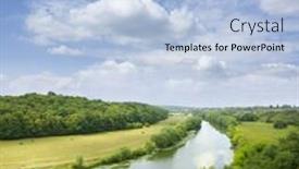  Presentation with blue and yellow green - Presentation theme featuring green meadow under blue sky with clouds background and a light blue colored foreground