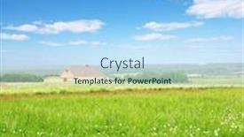  Presentation with green house - Colorful slide deck enhanced with green meadow with alone house backdrop and a light blue colored foreground