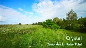  Presentation with hill - Audience pleasing PPT layouts consisting of green meadow with wild herbs and group of trees on a hill backdrop and a tawny brown colored foreground