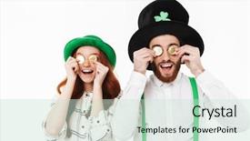  Presentation with bitcoins - Cool new PPT layouts with green mining - happy young couple wearing costumes backdrop and a soft green colored foreground