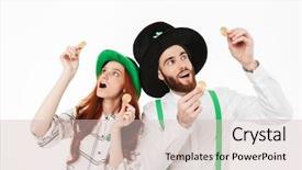  Presentation with bitcoins - Slide set consisting of green mining - happy young couple wearing costumes background and a soft green colored foreground