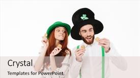  Presentation with bitcoins - Cool new slide deck with green mining - happy young couple wearing costumes backdrop and a lemonade colored foreground
