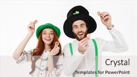  Presentation with young happy couple - Slide set consisting of green mining - happy young couple wearing costumes background and a lemonade colored foreground