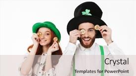  Presentation with bitcoins - Slide deck having green mining - happy young couple wearing costumes background and a soft green colored foreground