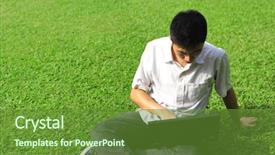  Presentation with computer - Presentation with green mobile technology - asian man using computer outdoor background and a tawny brown colored foreground