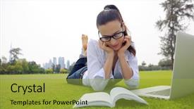  Presentation with young college student diagnosis of chlamydia - Cool new PPT theme with green mobile technology - happy young student woman backdrop and a  colored foreground