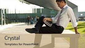  Presentation with green technology - Presentation theme featuring green mobile technology - relaxed businessman using his pc background and a coral colored foreground