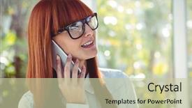  Presentation with mobile phone in woman hand - Amazing PPT theme having green mobile technology - smiling hipster woman with fringe backdrop and a  colored foreground