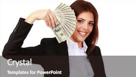  Presentation with stack - Slide set having green money - happy businesswoman holding stack background and a wine colored foreground