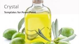  Presentation with olive oil bottle - Beautiful slide deck featuring green-natural-olives-with-bottle backdrop and a white colored foreground