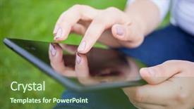  Presentation with using digital tablet - Colorful presentation theme enhanced with green network - woman using digital tablet pc backdrop and a tawny brown colored foreground