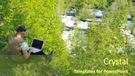  Presentation with wireless network - Theme featuring green network - young businessman with hat work background and a  colored foreground