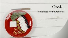  Presentation with greek feta cheese famous dairy - Slide set consisting of green olives and black goat background and a light gray colored foreground