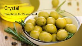  Presentation with olive oil and berries - Amazing PPT theme having annual cycle - tree stump and green plant backdrop and a mint green colored foreground.