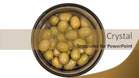  Presentation with white green - Colorful presentation design enhanced with green olives in bowl whole not pitted isolated on white background with clipping path top view full frame 36 mp backdrop and a gold colored foreground