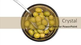  Presentation with white green - PPT theme enhanced with green olives in bowl with spoon whole not pitted isolated on white background top view background and a gold colored foreground