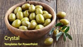  Presentation with olive green - Slide set having green olives on a wooden background and a tawny brown colored foreground