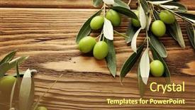  Presentation with olive green - Slides having green olives on wooden background background and a tawny brown colored foreground
