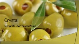  Presentation with shades of olive green - Audience pleasing presentation consisting of green olives stuffed with paprika backdrop and a gold colored foreground