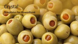  Presentation with shades of olive green - Beautiful PPT theme featuring green olives stuffed with pimento backdrop and a gold colored foreground