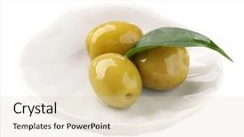  Presentation with green plate - Slide deck consisting of green olives with leaf in small plate isolated on white background and a lemonade colored foreground