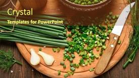  Presentation with green fresh food - Theme featuring green-onion-sweet-peas background and a tawny brown colored foreground