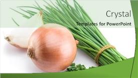  Presentation with onion - Theme consisting of green onions and bulb onion isolated on the white background background and a seafoam green colored foreground