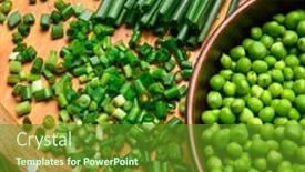  Presentation with green fresh food - Theme consisting of green-onions-dill-and-peas background and a tawny brown colored foreground