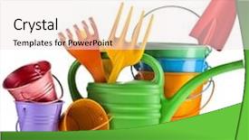  Presentation with gardening tools on fertile soil - Beautiful theme featuring green orange - colorful gardening tools watering can backdrop and a sky blue colored foreground