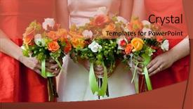  Presentation with bride - Colorful PPT theme enhanced with green orange - three wedding bouquets being held backdrop and a coral colored foreground