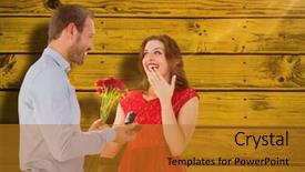  Presentation with engagement - Cool new slide deck with green paint splashed surface against man offering flowers with engagement ring backdrop and a gold colored foreground