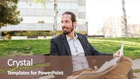  Presentation with green officebuilding man - Cool new PPT layouts with green park and reading newspaper backdrop and a coral colored foreground