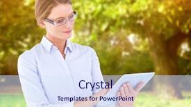  Presentation with green trees in park - Presentation design consisting of green pastures - businesswoman using tablet pc background and a  colored foreground