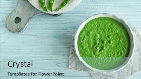  Presentation with green pea plant - Cool new slide deck with green pea soup in plate backdrop and a light blue colored foreground