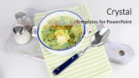  Presentation with white plate - Audience pleasing theme consisting of green pease - soup in plate on napkin backdrop and a  colored foreground