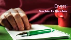  Presentation with green notebook - Slide set featuring green-pen-notebook-male-hand background and a wine colored foreground