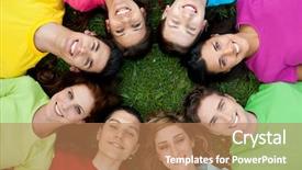  Presentation with group - Colorful theme enhanced with green people - happy smiling group of young backdrop and a coral colored foreground
