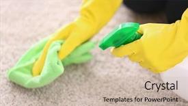  Presentation with rubber gloves - Slide set having green people - woman in rubber gloves cleaning background and a  colored foreground