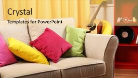  Presentation with living room - Slide deck with green pink - living room interior with sofa background and a yellow colored foreground