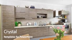  Presentation with kitchen furniture - Slide deck having green pink - modern minimalism style kitchen interior background and a coral colored foreground